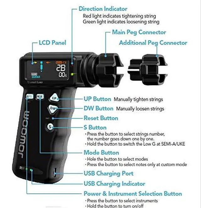 Alt view image 7 of 7 - T2 Smart Automatic Guitar & Ukulele Tuner | Fast Acoustic Guitars Auto-Tuner With 180RPM Electric String Winder | Safe & Professional Grade Tuner For Ukuleles | USB Rechargeable Battery | Black