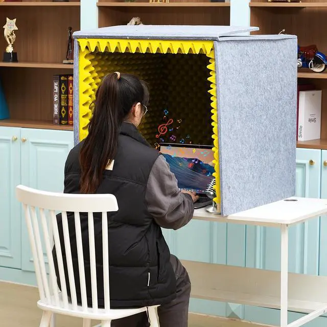 Alt view image 5 of 6 - 28 x 28 x 28 Inch Desktop Soundproof Cover Portable Vocal Recording Booth Vocal Absorbing Shield Microphone Isolation Booth Cube for Sound Clearer Home Music Studio Podcast Recording Yellow