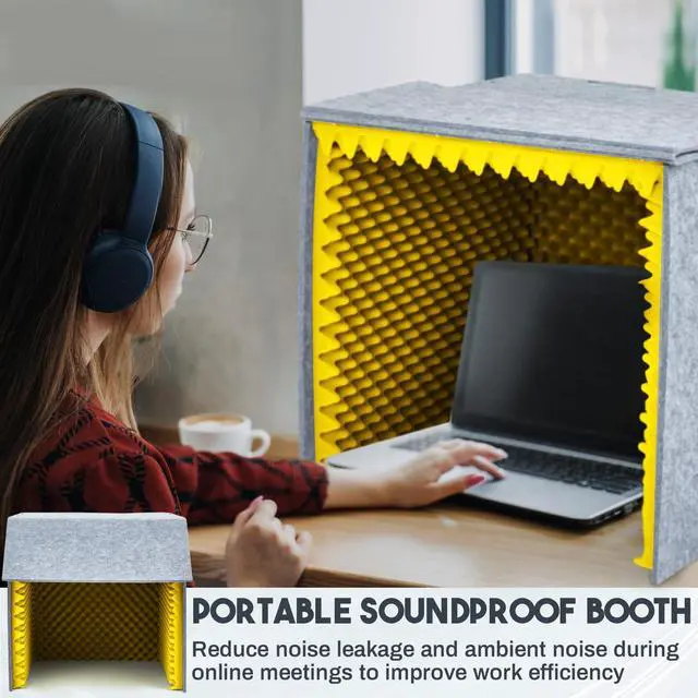Alt view image 6 of 6 - 28 x 28 x 28 Inch Desktop Soundproof Cover Portable Vocal Recording Booth Vocal Absorbing Shield Microphone Isolation Booth Cube for Sound Clearer Home Music Studio Podcast Recording Yellow