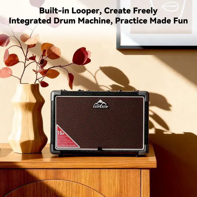 Alt view image 3 of 7 - 15W Electric Guitar Amp, EGA-15W Portable Guitar Amplifier with Bluetooth, Built-in Looper & Drum Machine Speaker, AUX/OTG/Headphone, 8 Voices, FX Effects-Black