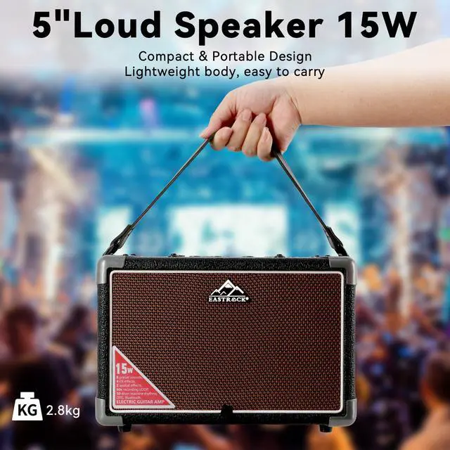 Alt view image 4 of 7 - 15W Electric Guitar Amp, EGA-15W Portable Guitar Amplifier with Bluetooth, Built-in Looper & Drum Machine Speaker, AUX/OTG/Headphone, 8 Voices, FX Effects-Black
