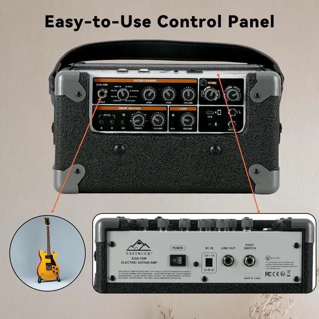 Alt view image 6 of 7 - 15W Electric Guitar Amp, EGA-15W Portable Guitar Amplifier with Bluetooth, Built-in Looper & Drum Machine Speaker, AUX/OTG/Headphone, 8 Voices, FX Effects-Black