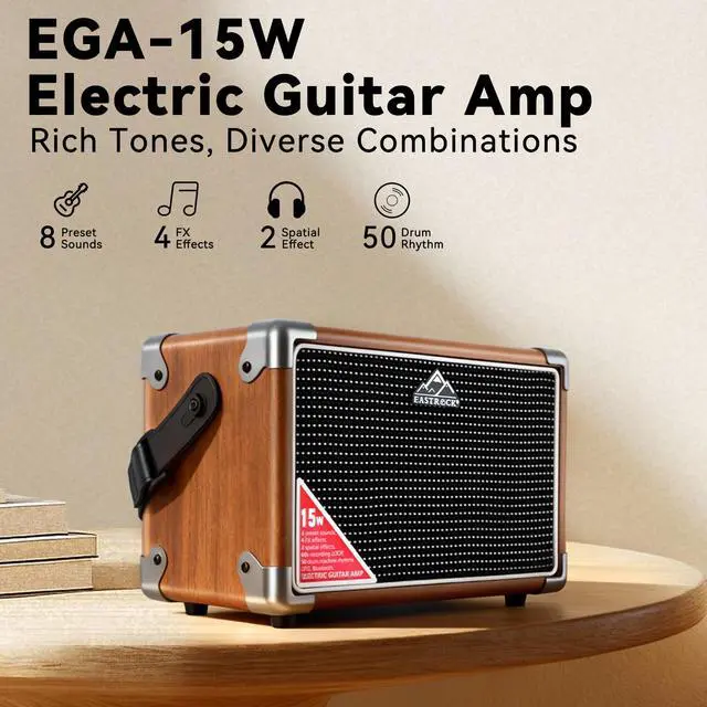 Alt view image 2 of 7 - 15W Electric Guitar Amp, EGA-15W Portable Guitar Amplifier with Bluetooth, Built-in Looper & Drum Machine Speaker, AUX/OTG/Headphone, 8 Voices, FX Effects-Wood