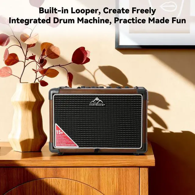 Alt view image 3 of 7 - 15W Electric Guitar Amp, EGA-15W Portable Guitar Amplifier with Bluetooth, Built-in Looper & Drum Machine Speaker, AUX/OTG/Headphone, 8 Voices, FX Effects-Wood