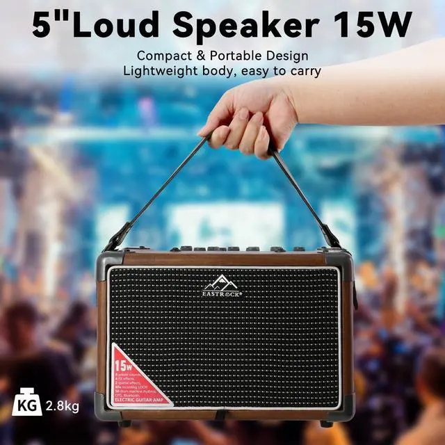 Alt view image 4 of 7 - 15W Electric Guitar Amp, EGA-15W Portable Guitar Amplifier with Bluetooth, Built-in Looper & Drum Machine Speaker, AUX/OTG/Headphone, 8 Voices, FX Effects-Wood