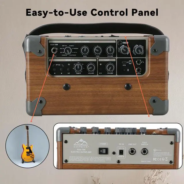 Alt view image 6 of 7 - 15W Electric Guitar Amp, EGA-15W Portable Guitar Amplifier with Bluetooth, Built-in Looper & Drum Machine Speaker, AUX/OTG/Headphone, 8 Voices, FX Effects-Wood