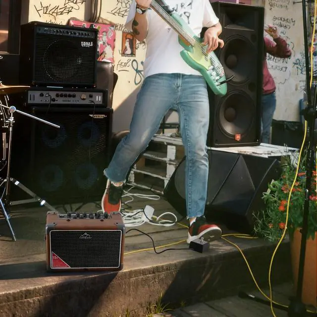 Alt view image 7 of 7 - 15W Electric Guitar Amp, EGA-15W Portable Guitar Amplifier with Bluetooth, Built-in Looper & Drum Machine Speaker, AUX/OTG/Headphone, 8 Voices, FX Effects-Wood