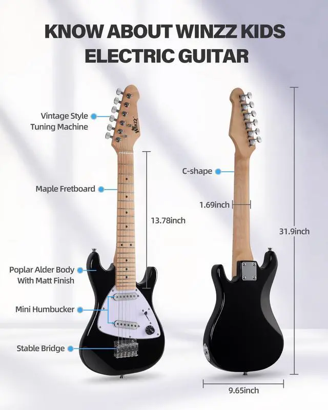 Alt view image 5 of 7 - 30 Inch Kids Electric Guitar Beginner Kit, Junior 1/4 Size Mini Electric Guitar for Children Complete Stater Set with Amp, Gloosy Black Colour