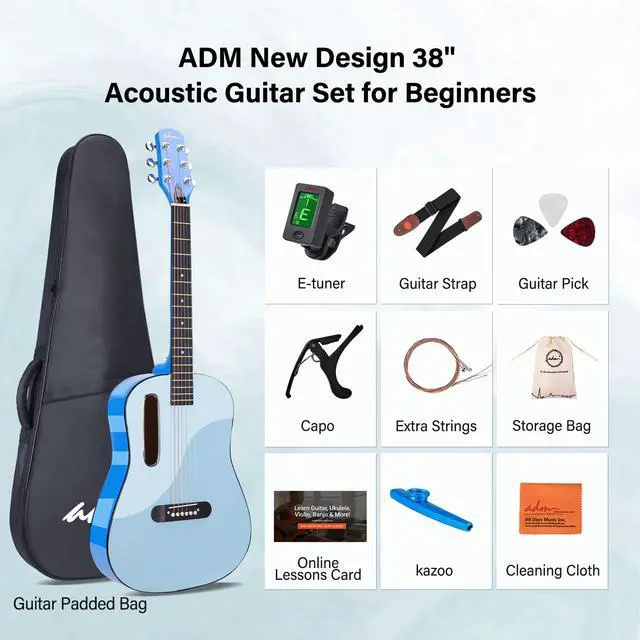 Alt view image 2 of 7 - Acoustic Guitar Kits for Beginners Adults - 38" Steel-String Guitars Bundle with Online Lesson Wooden Bowl Guitarra Starter Set Package with Bag, Strap, Picks, Capos, Kazoo, Blue