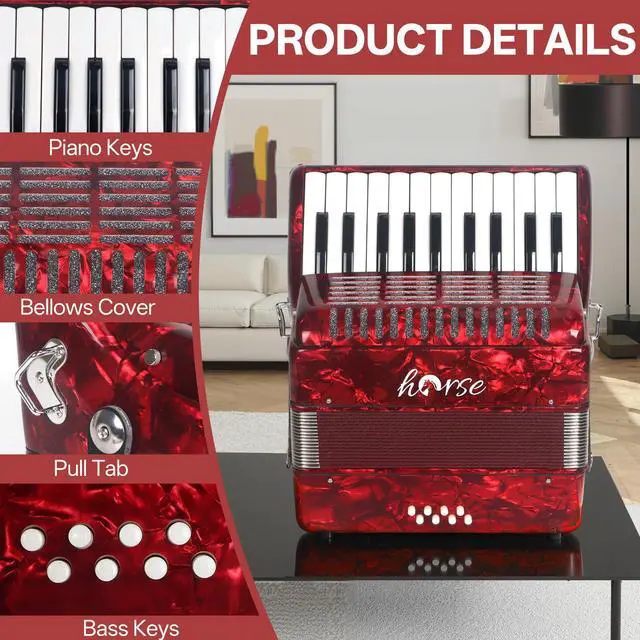 Alt view image 3 of 7 - Accordion, 22 Keys 8 Bass Piano Accordion Acordeones Para Adultos, Acordeón De Adulto Azul for Beginners Adults, Educational Musical Instrument Sweet Sound with Straps and Padded Bag (Red)
