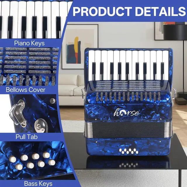Alt view image 3 of 7 - Accordion, 22 Keys 8 Bass Piano Accordion Acordeones Para Adultos, Acordeón De Adulto Azul for Beginners Adults, Educational Musical Instrument Sweet Sound with Straps and Padded Bag (Blue)