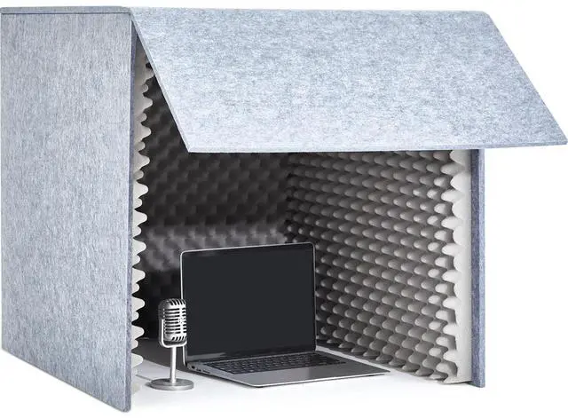 Main image of 28 x 28 x 28 Inch Desktop Soundproof Cover Portable Vocal Recording Booth Vocal Absorbing Shield Microphone Isolation Booth Cube for Sound Clearer Home Music Studio Podcasts Recording, Grey