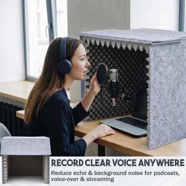 Alt view image 5 of 6 - 28 x 28 x 28 Inch Desktop Soundproof Cover Portable Vocal Recording Booth Vocal Absorbing Shield Microphone Isolation Booth Cube for Sound Clearer Home Music Studio Podcasts Recording, Grey