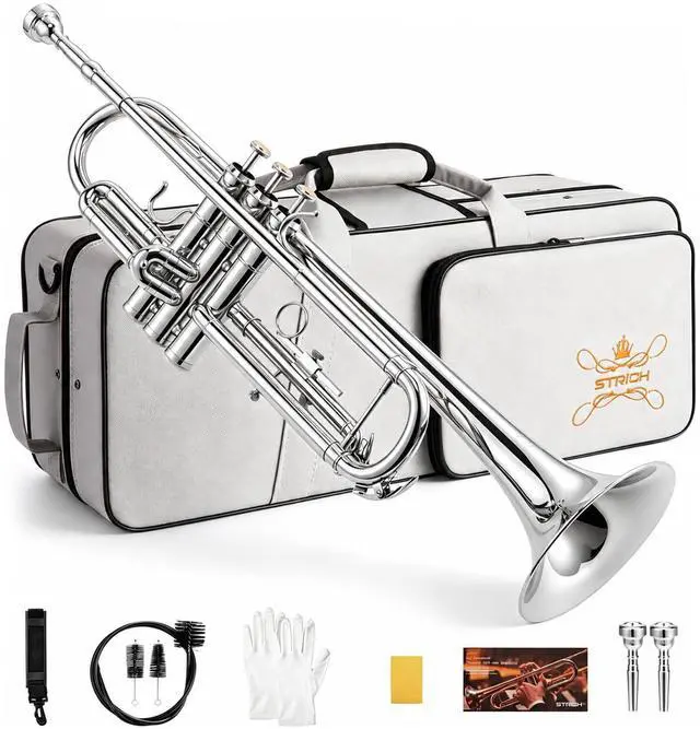 Main image of Bb Standard Trumpet Set for Beginners Student | Brass Trumpet Instrument with Hard Case, Cleaning Kit, 7C & 3C Mouthpieces, Gloves STR-130S, Silver
