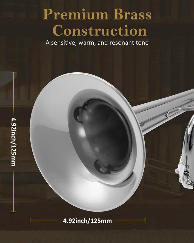 Alt view image 2 of 7 - Bb Standard Trumpet Set for Beginners Student | Brass Trumpet Instrument with Hard Case, Cleaning Kit, 7C & 3C Mouthpieces, Gloves STR-130S, Silver