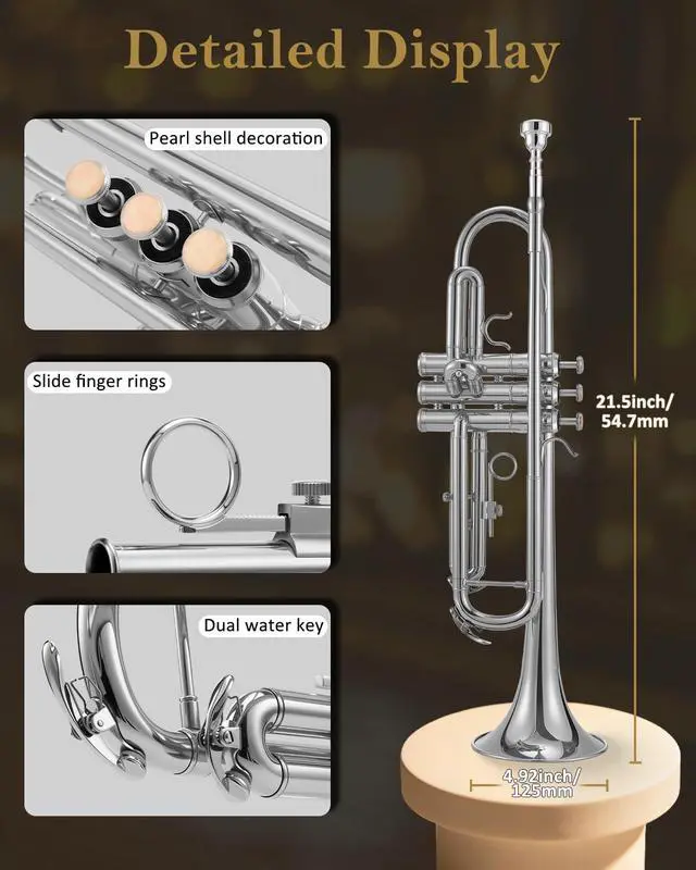 Alt view image 3 of 7 - Bb Standard Trumpet Set for Beginners Student | Brass Trumpet Instrument with Hard Case, Cleaning Kit, 7C & 3C Mouthpieces, Gloves STR-130S, Silver