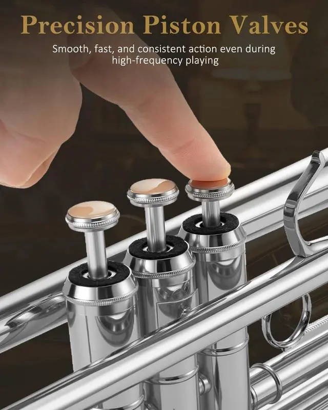 Alt view image 6 of 7 - Bb Standard Trumpet Set for Beginners Student | Brass Trumpet Instrument with Hard Case, Cleaning Kit, 7C & 3C Mouthpieces, Gloves STR-130S, Silver