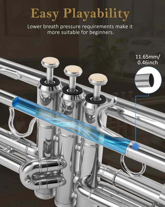 Alt view image 5 of 7 - Bb Standard Trumpet Set for Beginners Student | Brass Trumpet Instrument with Hard Case, Cleaning Kit, 7C & 3C Mouthpieces, Gloves STR-130S, Silver