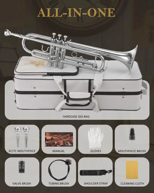Alt view image 7 of 7 - Bb Standard Trumpet Set for Beginners Student | Brass Trumpet Instrument with Hard Case, Cleaning Kit, 7C & 3C Mouthpieces, Gloves STR-130S, Silver