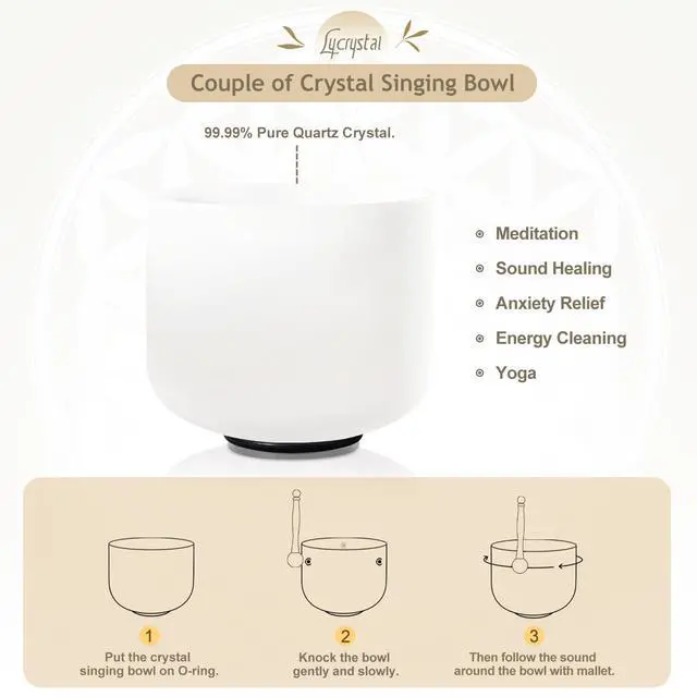 Alt view image 5 of 6 - Couple of 2 PCS Crystal Singing Bowl Set, 8"F and 10" C Note | F note Heart Chakra, C note Root Chakra, Sound Bowl Meditation Set for Healing, Carry Case Bag