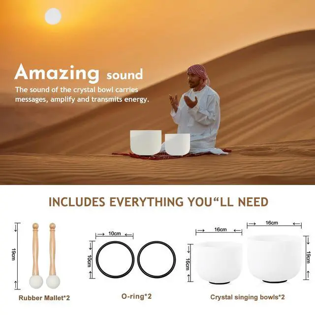 Alt view image 6 of 6 - Couple of 2 PCS Crystal Singing Bowl Set, 8"F and 10" C Note | F note Heart Chakra, C note Root Chakra, Sound Bowl Meditation Set for Healing, Carry Case Bag