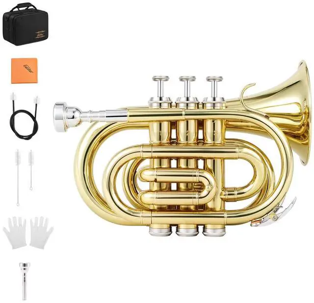 Main image of Pocket Trumpet B Flat Brass Bb Pocket Trumpet with Mouthpiece 7C, Cleaning Cloth, Hard Case, Gloves, Full Kit, Gold Lacquer, ETR-330