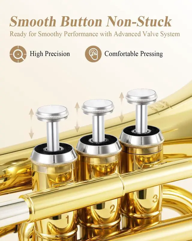Alt view image 3 of 6 - Pocket Trumpet B Flat Brass Bb Pocket Trumpet with Mouthpiece 7C, Cleaning Cloth, Hard Case, Gloves, Full Kit, Gold Lacquer, ETR-330