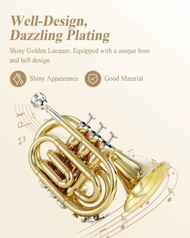 Alt view image 4 of 6 - Pocket Trumpet B Flat Brass Bb Pocket Trumpet with Mouthpiece 7C, Cleaning Cloth, Hard Case, Gloves, Full Kit, Gold Lacquer, ETR-330