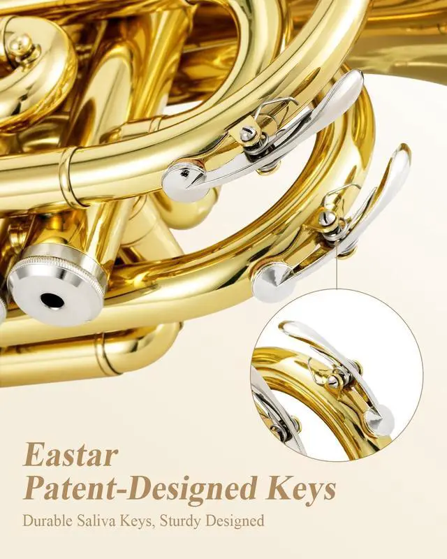 Alt view image 5 of 6 - Pocket Trumpet B Flat Brass Bb Pocket Trumpet with Mouthpiece 7C, Cleaning Cloth, Hard Case, Gloves, Full Kit, Gold Lacquer, ETR-330