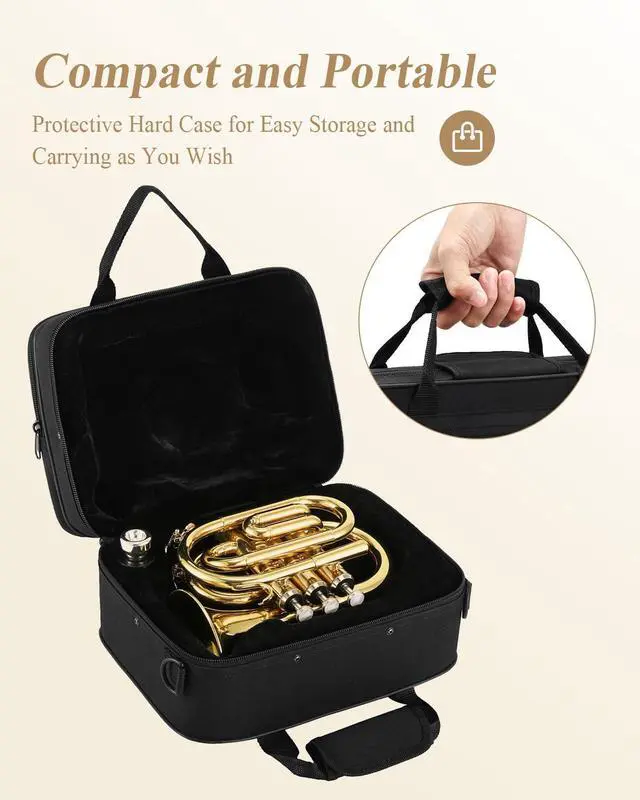 Alt view image 6 of 6 - Pocket Trumpet B Flat Brass Bb Pocket Trumpet with Mouthpiece 7C, Cleaning Cloth, Hard Case, Gloves, Full Kit, Gold Lacquer, ETR-330