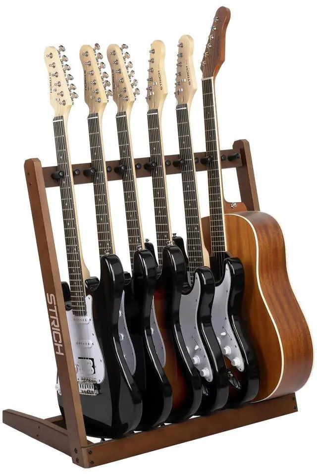 Main image of Wooden Guitar Stand Multiple Guitars, Guitar Rack for 4 Acoustic or 6 Electric Guitars & Basses, Floor Standing Multi Guitar Display for Studio & Home - Protective Padding, SMT-10 (6-Holder)