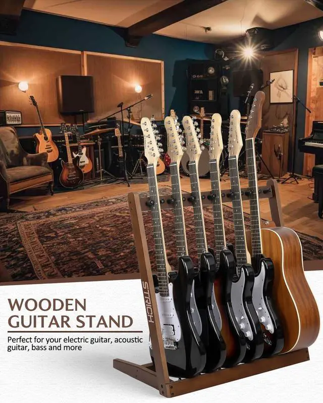 Alt view image 3 of 7 - Wooden Guitar Stand Multiple Guitars, Guitar Rack for 4 Acoustic or 6 Electric Guitars & Basses, Floor Standing Multi Guitar Display for Studio & Home - Protective Padding, SMT-10 (6-Holder)