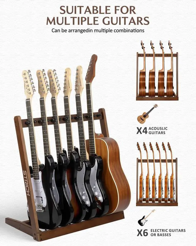 Alt view image 4 of 7 - Wooden Guitar Stand Multiple Guitars, Guitar Rack for 4 Acoustic or 6 Electric Guitars & Basses, Floor Standing Multi Guitar Display for Studio & Home - Protective Padding, SMT-10 (6-Holder)