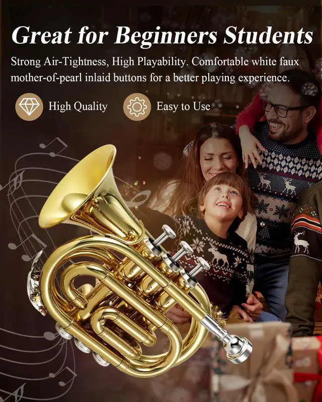 Alt view image 2 of 6 - Pocket Trumpet B Flat Brass Bb Pocket Trumpet with Mouthpiece 7C, Cleaning Cloth, Hard Case, Gloves, Full Kit, Gold Lacquer, ETR-330