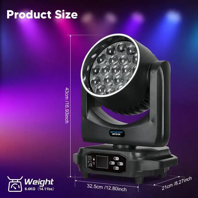 Alt view image 3 of 7 - Moving Head Light,19x15W RGBW with Light Strip Effect Moving Head Stage Spotlight,Lightweight Disco DJLight for Party Wedding Club Bars Show1