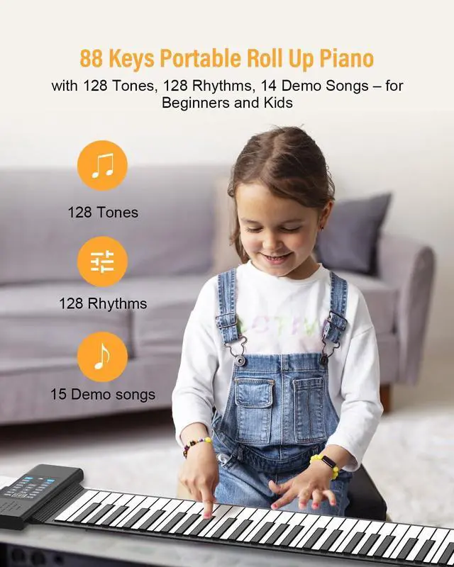 Alt view image 2 of 7 - 88 Keys Roll Up Piano, Upgraded Portable Rechargeable Hand Roll Piano Keyboard, 128 Rhythms, 128 Tones, Roll Out Keyboard Piano with LED Display MIDI Function, Best Gift for Beginners