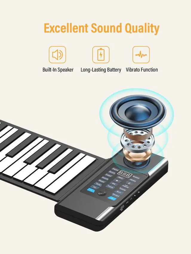 Alt view image 3 of 7 - 88 Keys Roll Up Piano, Upgraded Portable Rechargeable Hand Roll Piano Keyboard, 128 Rhythms, 128 Tones, Roll Out Keyboard Piano with LED Display MIDI Function, Best Gift for Beginners
