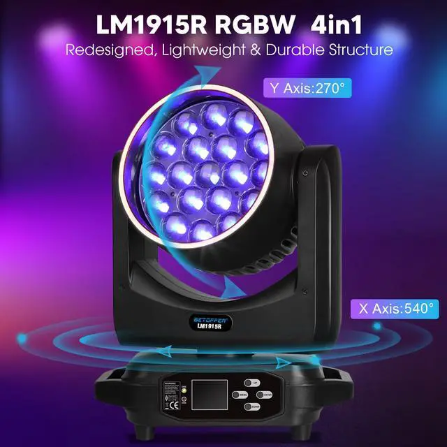 Alt view image 2 of 7 - Moving Head Light,19x15W RGBW with Light Strip Effect Moving Head Stage Spotlight,Lightweight Disco DJLight for Party Wedding Club Bars Show1
