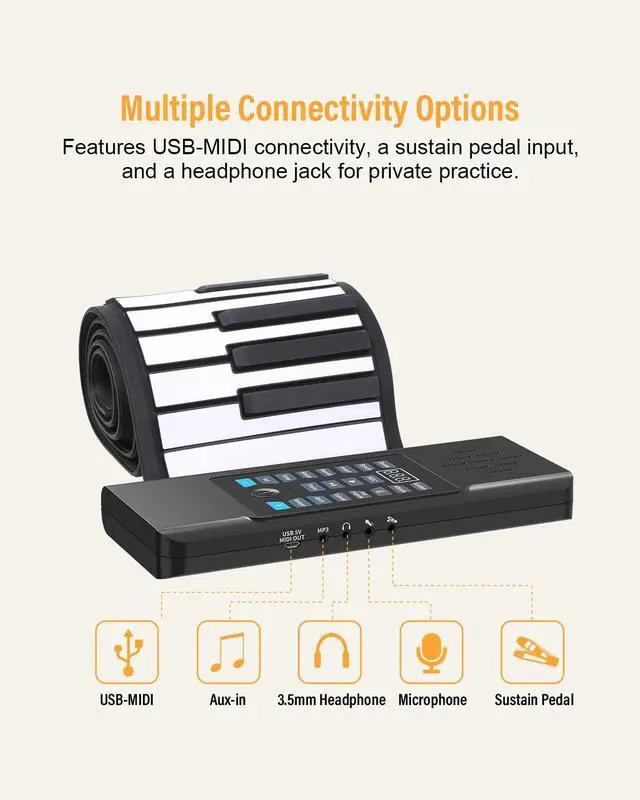 Alt view image 4 of 7 - 88 Keys Roll Up Piano, Upgraded Portable Rechargeable Hand Roll Piano Keyboard, 128 Rhythms, 128 Tones, Roll Out Keyboard Piano with LED Display MIDI Function, Best Gift for Beginners