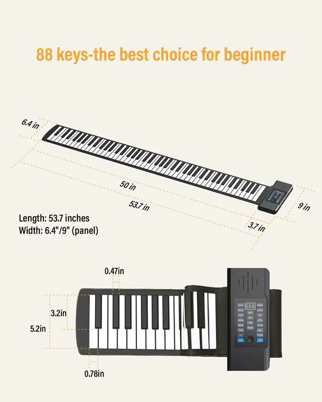 Alt view image 6 of 7 - 88 Keys Roll Up Piano, Upgraded Portable Rechargeable Hand Roll Piano Keyboard, 128 Rhythms, 128 Tones, Roll Out Keyboard Piano with LED Display MIDI Function, Best Gift for Beginners