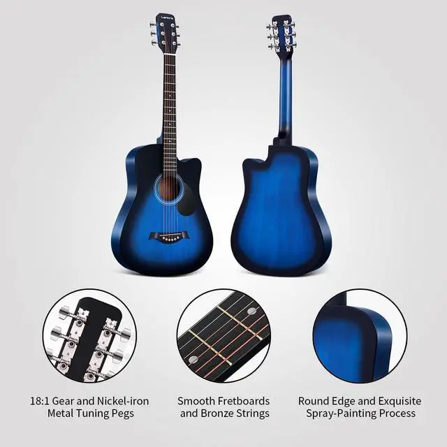 Alt view image 2 of 6 - 38 inch Guitar Blue Acoustic Guitar Beginner kit Adult Cutaway Acoustic Guitar Guitarras Starter Set Bundle with Padded Gig Bag, Strap, Capo, Strings, Picks