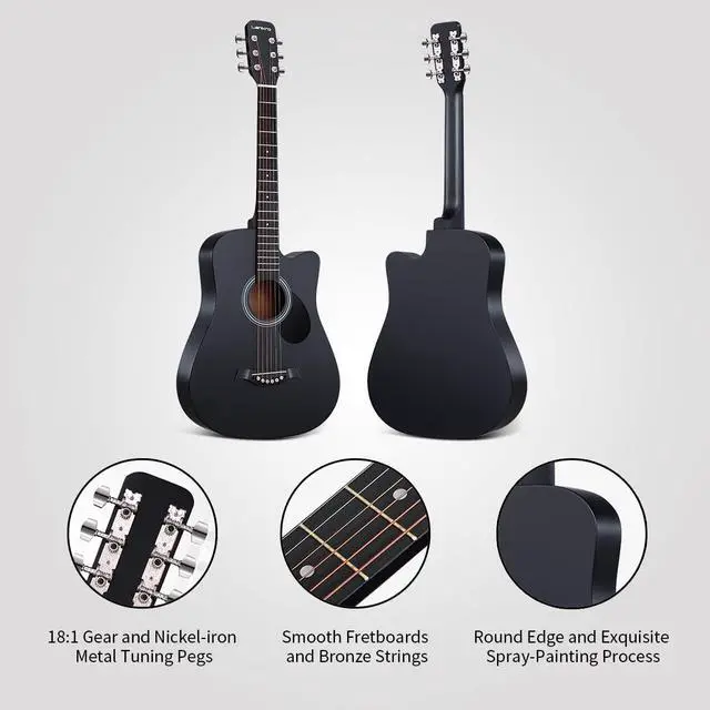 Alt view image 2 of 6 - 38 inch Guitar Black Acoustic Guitar Beginner kit Adult Cutaway Acoustic Guitar Guitarras Starter Set Bundle with Padded Gig Bag, Strap, Capo, Strings, Picks