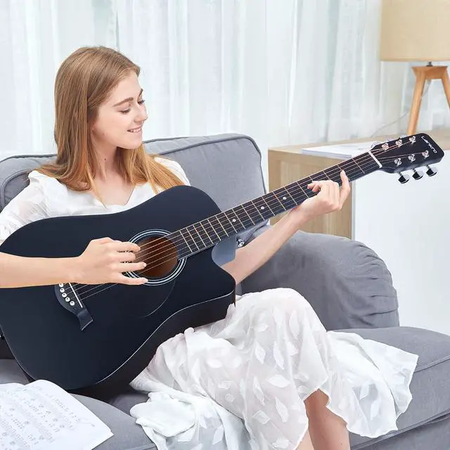 Alt view image 6 of 6 - 38 inch Guitar Black Acoustic Guitar Beginner kit Adult Cutaway Acoustic Guitar Guitarras Starter Set Bundle with Padded Gig Bag, Strap, Capo, Strings, Picks