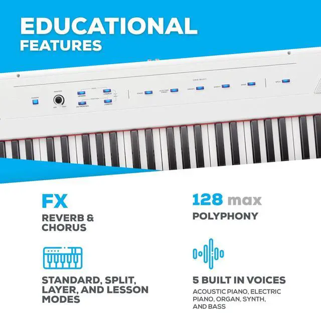 Alt view image 4 of 7 - Recital White - 88 Key Digital Piano Keyboard with Semi-Weighted Keys, 2x20W Speakers, 5 Voices, Split, Layer and Lesson Mode, FX and Piano Lessons