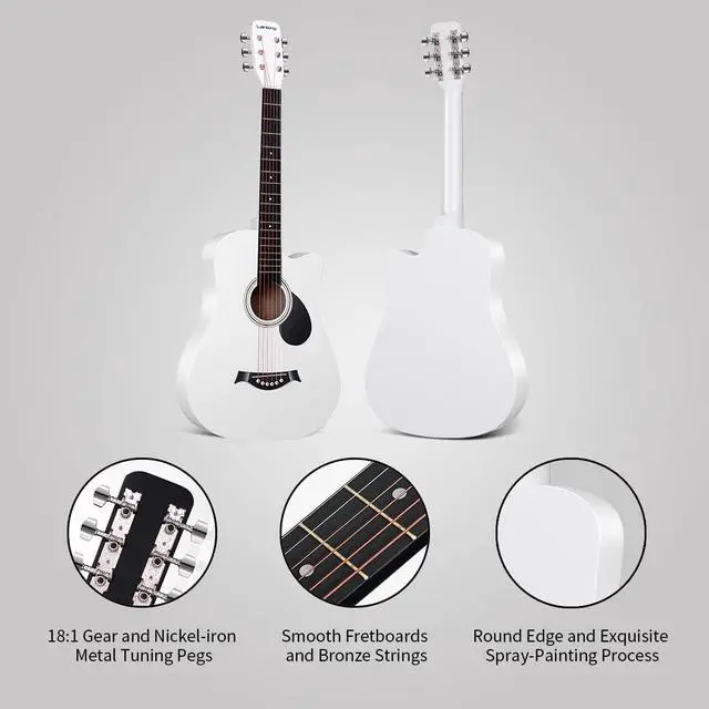 Alt view image 2 of 6 - 38 inch Beginner Guitar White Acoustic Guitar Beginner kit Adult Cutaway Acoustic Guitar Guitarras Starter Set Bundle with Padded Gig Bag, Strap, Capo, Strings, Picks