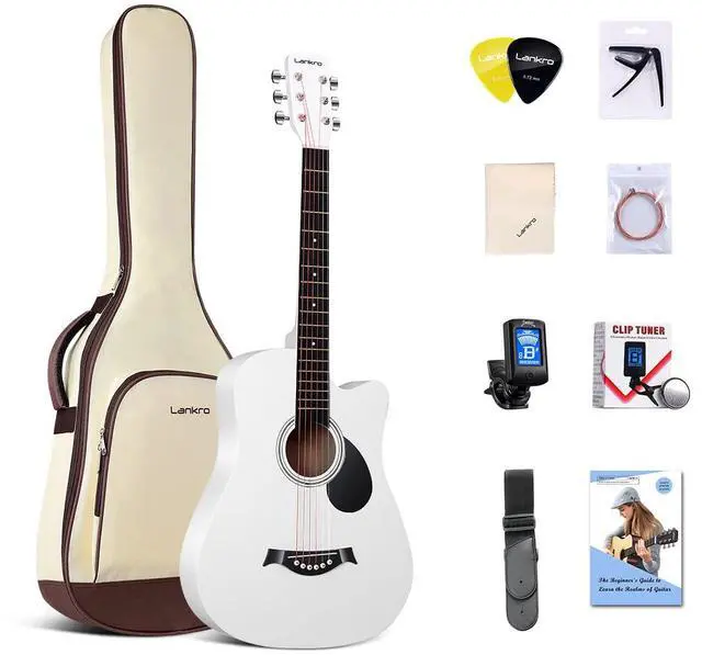 Main image of 38 inch Beginner Guitar White Acoustic Guitar Beginner kit Adult Cutaway Acoustic Guitar Guitarras Starter Set Bundle with Padded Gig Bag, Strap, Capo, Strings, Picks