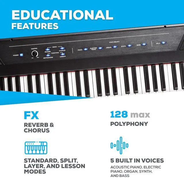 Alt view image 3 of 7 - Recital - 88 Key Digital Piano Keyboard with Semi-Weighted Keys, 2x20W Speakers, 5 Voices, Split, Layer and Lesson Mode, FX and Piano Lessons