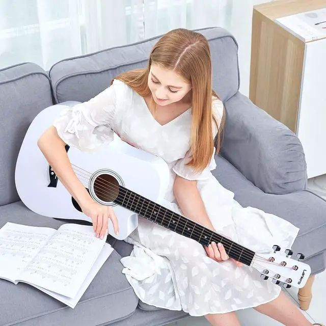 Alt view image 6 of 6 - 38 inch Beginner Guitar White Acoustic Guitar Beginner kit Adult Cutaway Acoustic Guitar Guitarras Starter Set Bundle with Padded Gig Bag, Strap, Capo, Strings, Picks