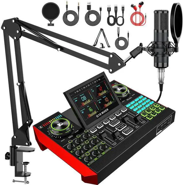 Main image of Podcast Microphone Bundle with Live Sound Board Audio Mixer, Podcast Equipment Bundle with 3.5mm Boom Mic(P15) for Pc/Phone Live Streaming Singing Gaming, Voice Changer, Denoise