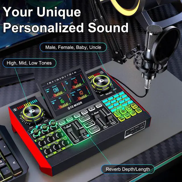 Alt view image 3 of 7 - Podcast Microphone Bundle with Live Sound Board Audio Mixer, Podcast Equipment Bundle with 3.5mm Boom Mic(P15) for Pc/Phone Live Streaming Singing Gaming, Voice Changer, Denoise